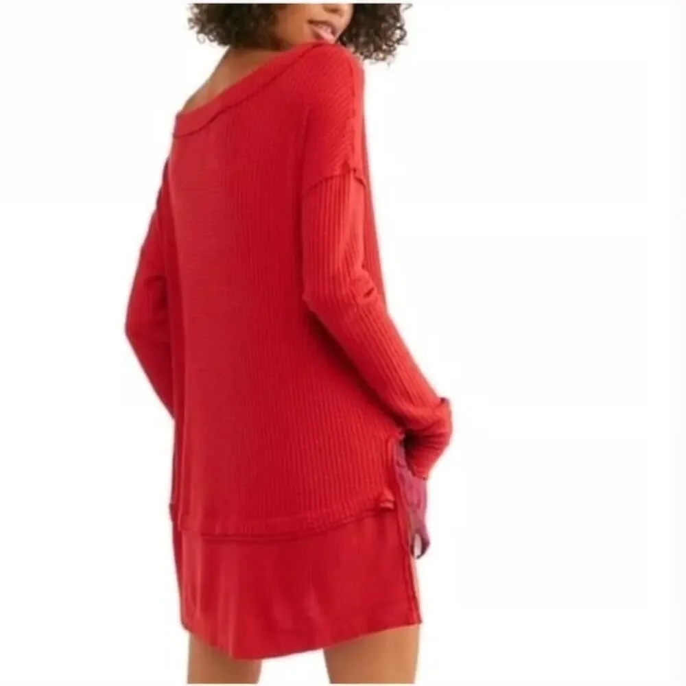 Free People North Shore Thermal Knit Tunic Top Red Size S